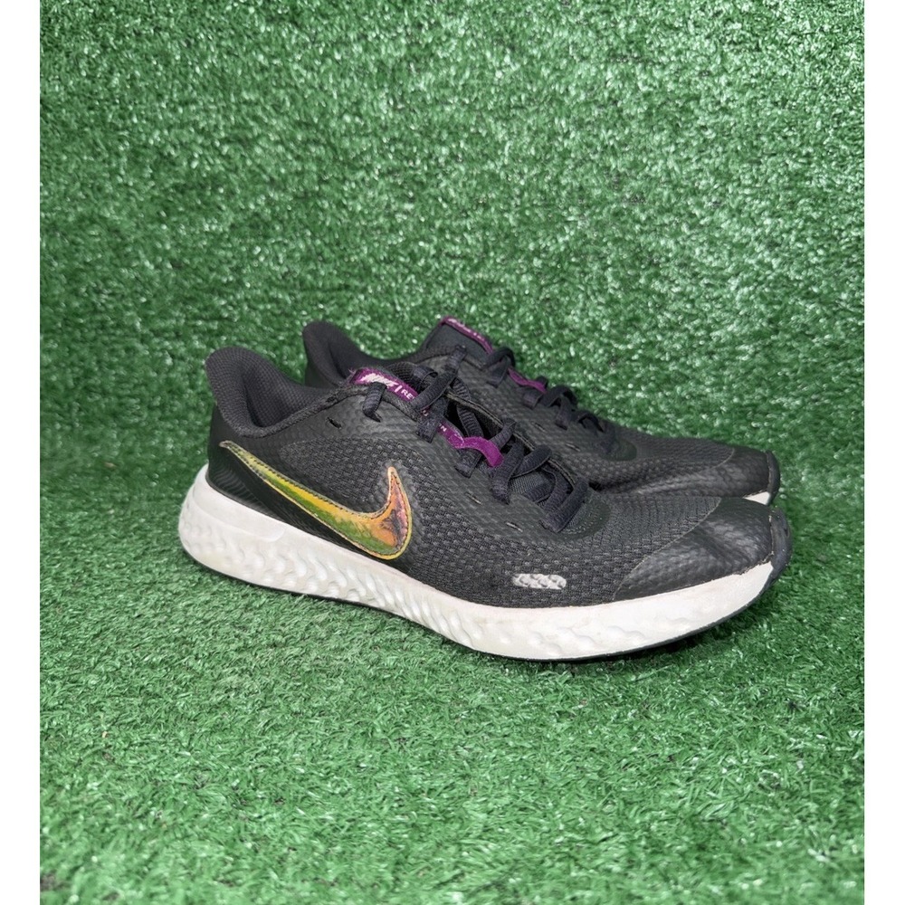 Nike Revolution 5 Black Iridescent Logo Running Shoes Women Size 6.5 Boy Size 5Y